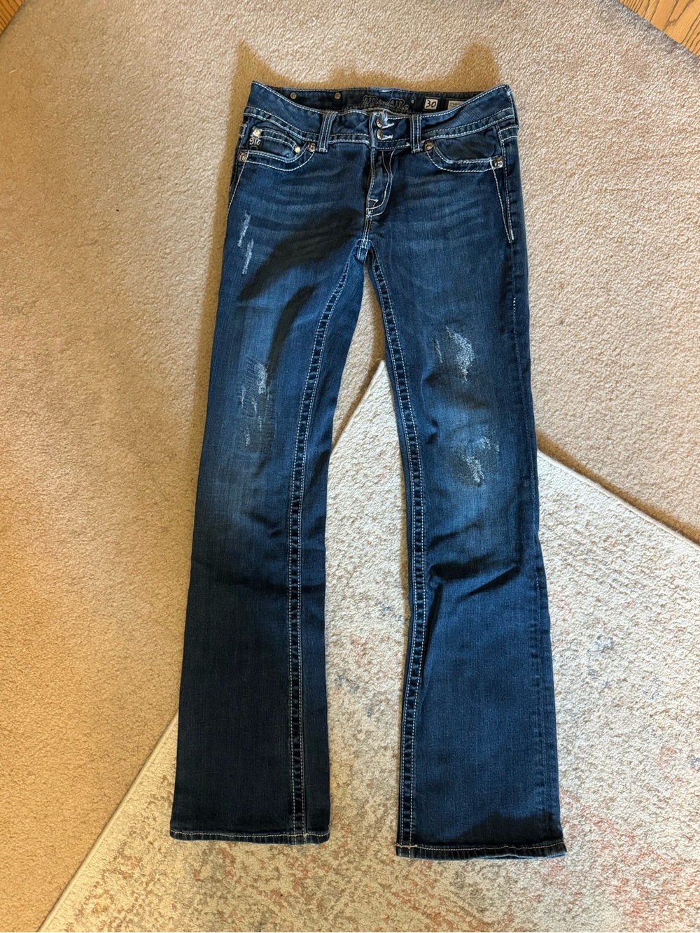Miss Me Dark Blue Bootcut Jeans with Distressed Detail 30x35